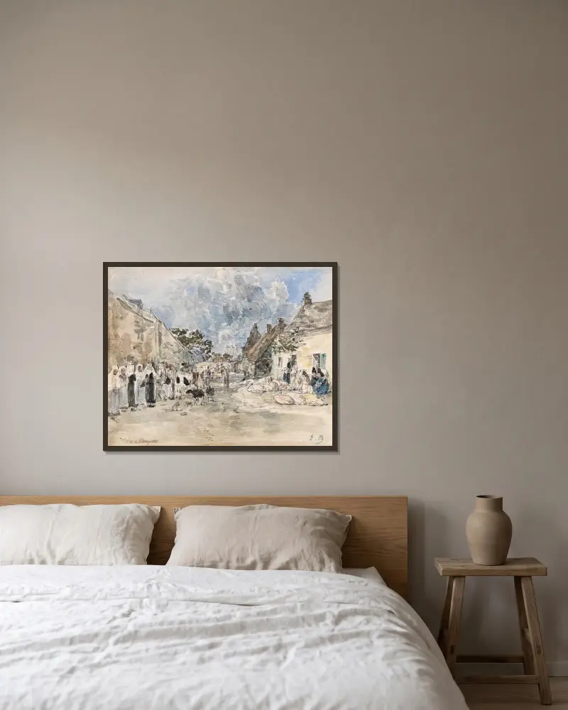 Marknad i Plougastel av Eugène Boudin inramad på en vägg