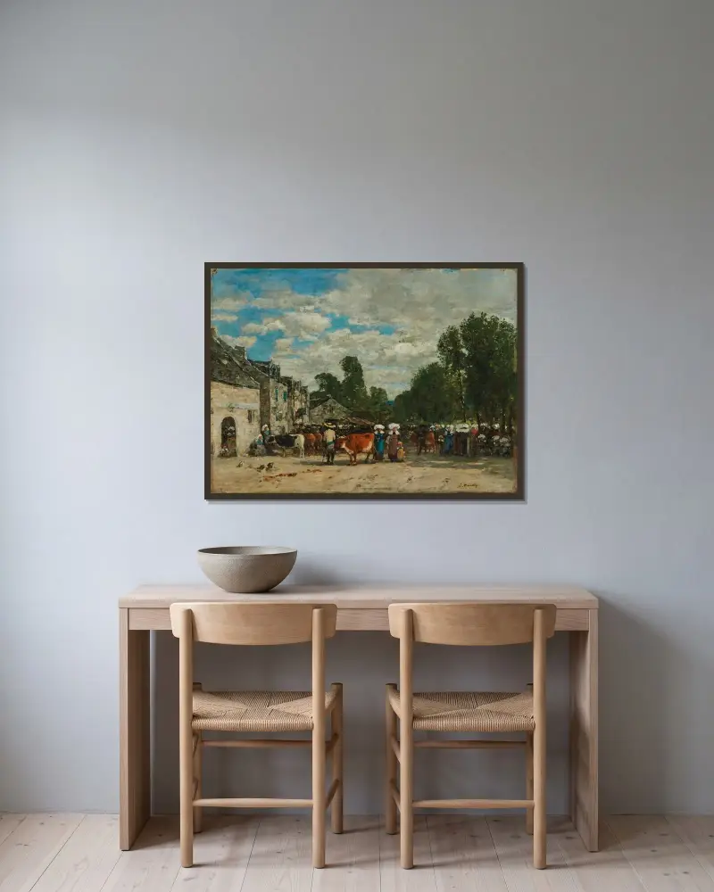 Marknad i Bretagne av Eugène Boudin inramad på en vägg