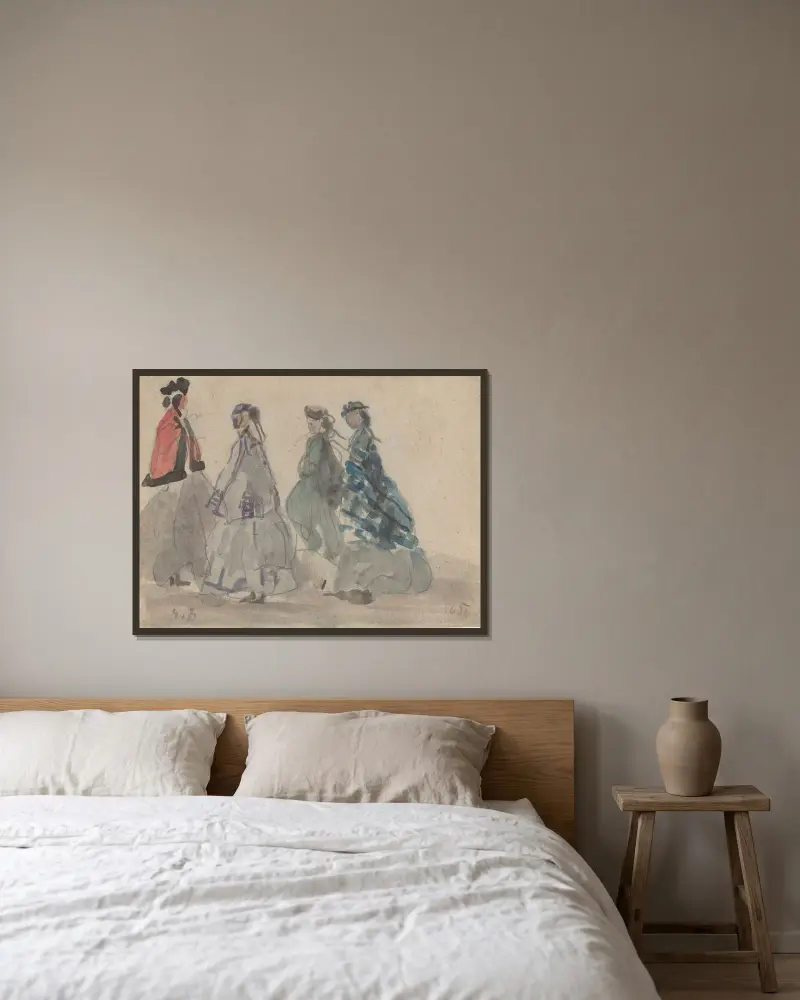 Fyra kvinnor i Trouville av Eugène Boudin inramad på en vägg