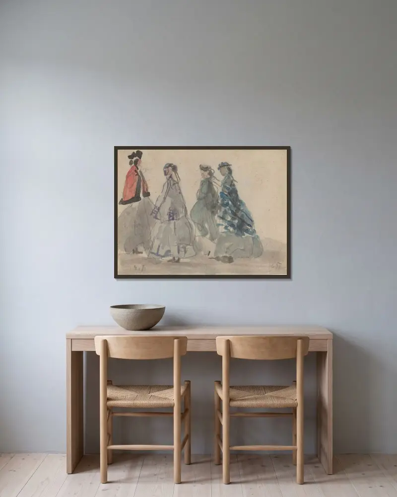 Fyra kvinnor i Trouville av Eugène Boudin inramad på en vägg