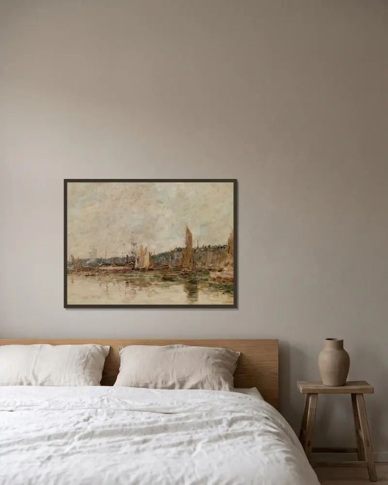 Honfleur, hamnen, morgon av Eugène Boudin inramad på en vägg