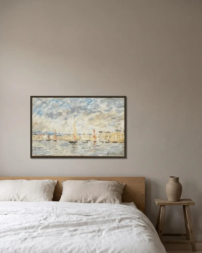 Honfleur, hamnen av Eugène Boudin inramad på en vägg
