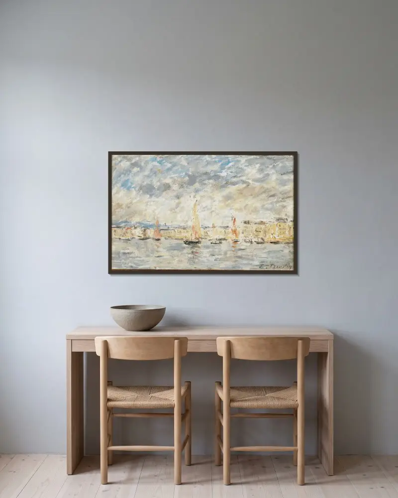 Honfleur, hamnen av Eugène Boudin inramad på en vägg
