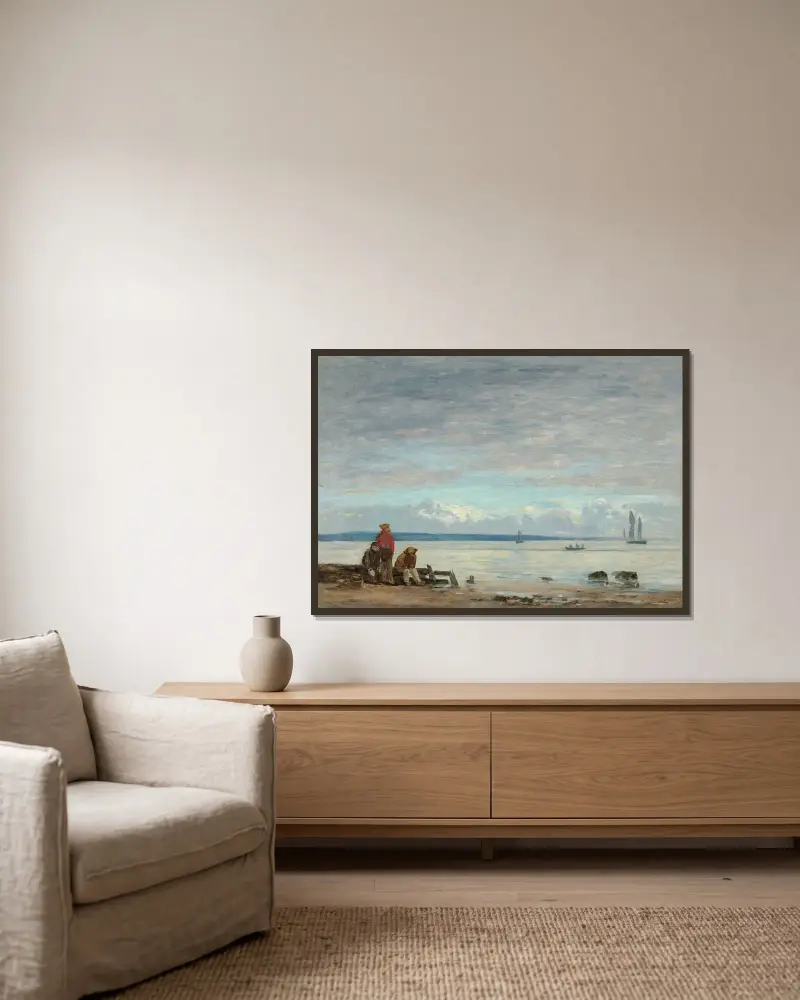 Honfleur. Fiskare på stranden av Eugène Boudin inramad på en vägg