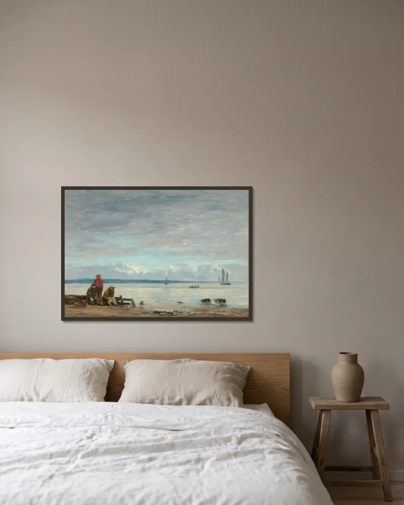 Honfleur. Fiskare på stranden av Eugène Boudin inramad på en vägg