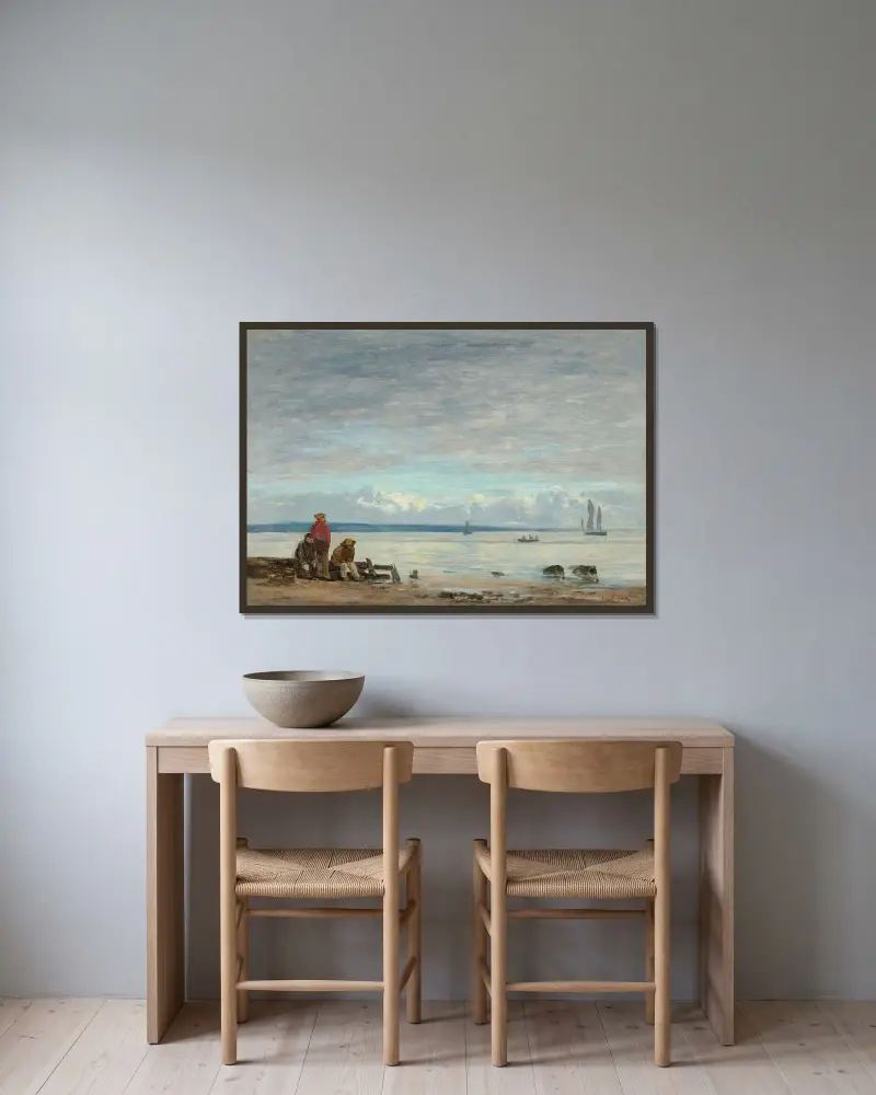 Honfleur. Fiskare på stranden av Eugène Boudin inramad på en vägg