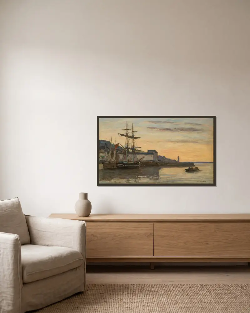 Honfleur. Voiliers av Eugène Boudin inramad på en vägg