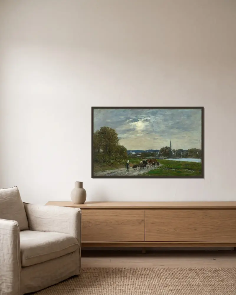 Hôpital-Camfrout. By och flodmynning av Eugène Boudin inramad på en vägg