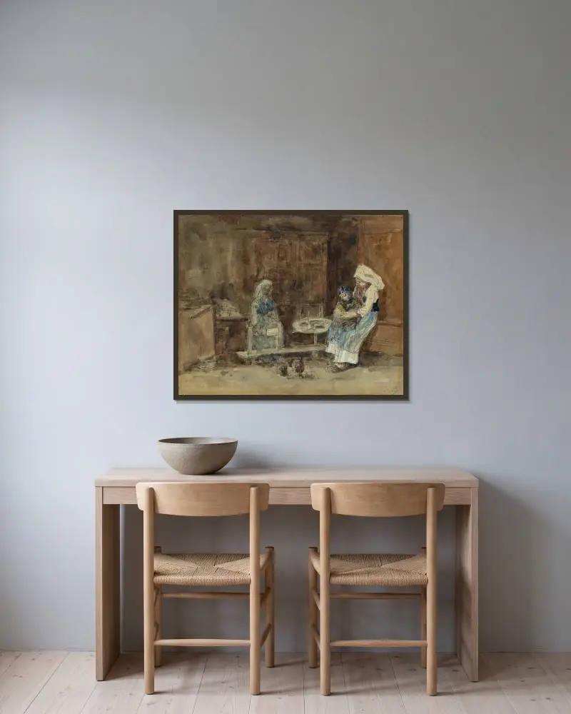 Bretagniskt interiör, moderskap av Eugène Boudin inramad på en vägg