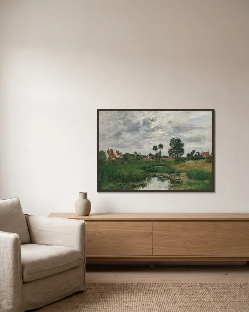 Bondgården, omgivningarna kring Dunkerque av Eugène Boudin inramad på en vägg