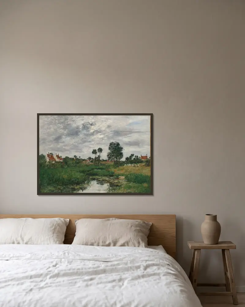 Bondgården, omgivningarna kring Dunkerque av Eugène Boudin inramad på en vägg