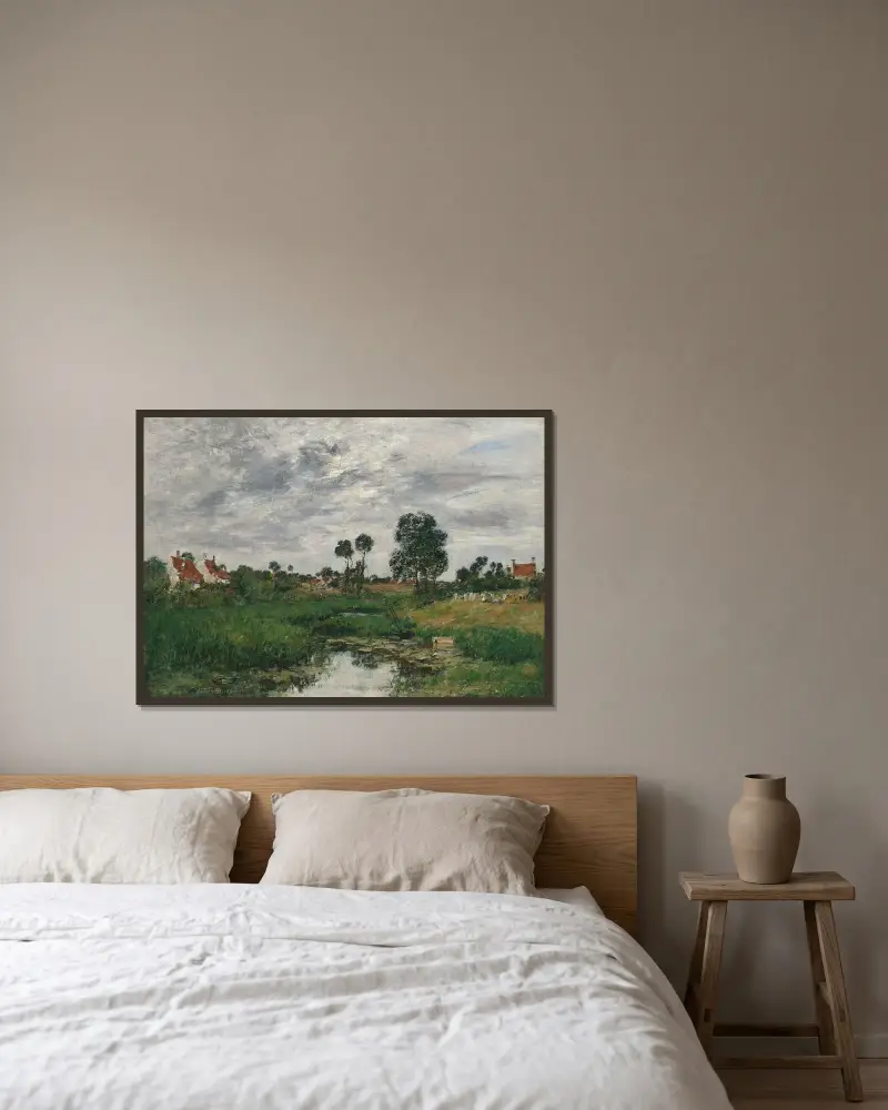 Bondens hus, omgivningarna kring Dunkerque av Eugène Boudin inramad på en vägg