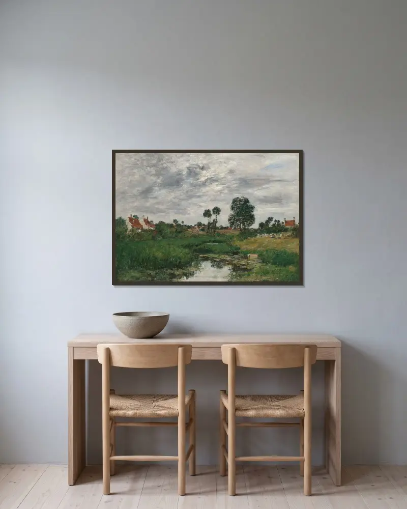 Bondens hus, omgivningarna kring Dunkerque av Eugène Boudin inramad på en vägg