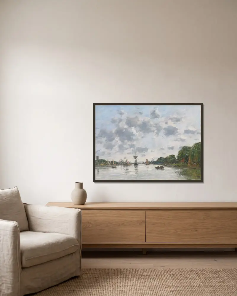 Maas vid Dordrecht av Eugène Boudin inramad på en vägg