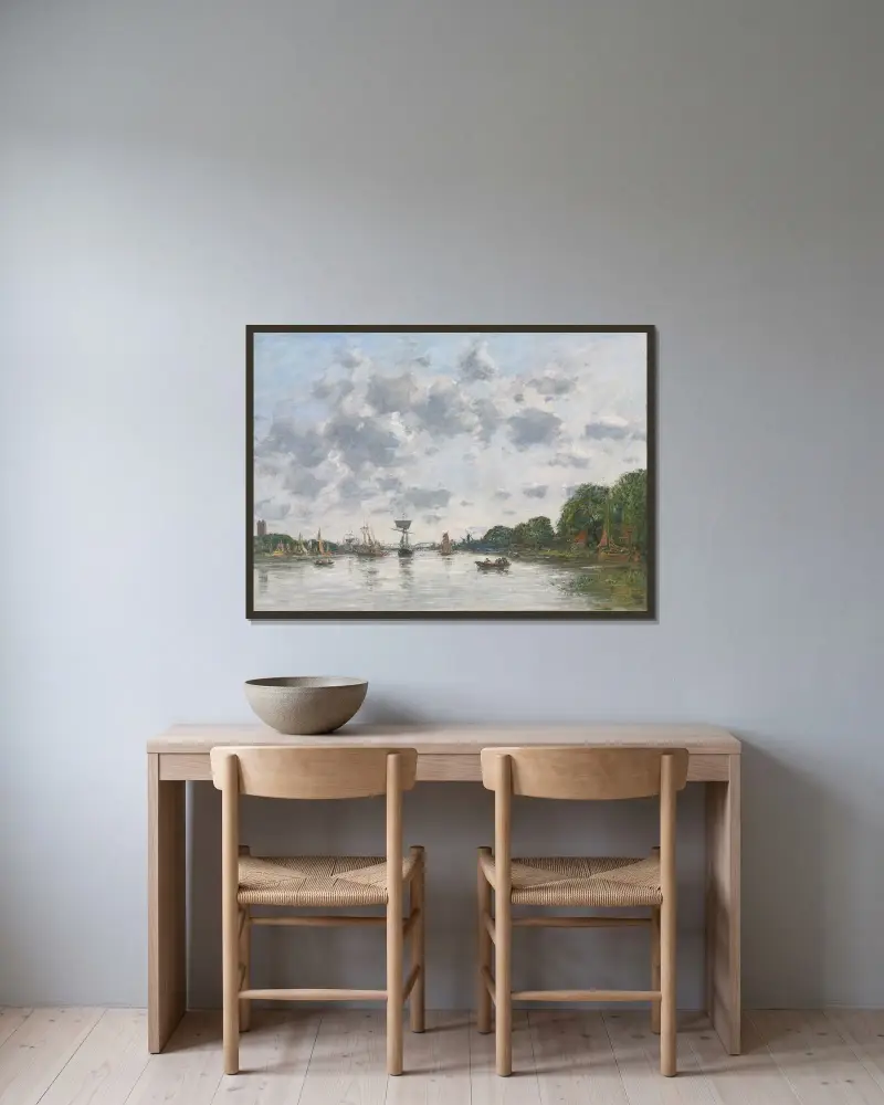 Maas vid Dordrecht av Eugène Boudin inramad på en vägg