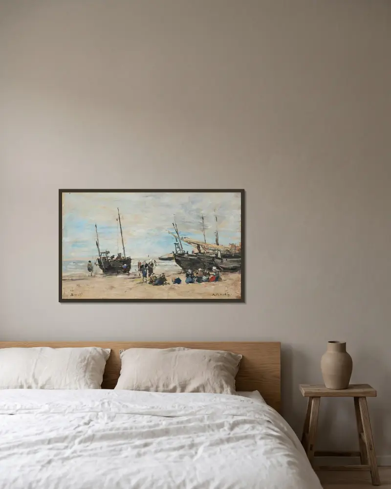 Berck-stranden vid lågvatten av Eugène Boudin inramad på en vägg