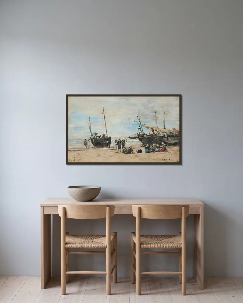 Berck-stranden vid lågvatten av Eugène Boudin inramad på en vägg