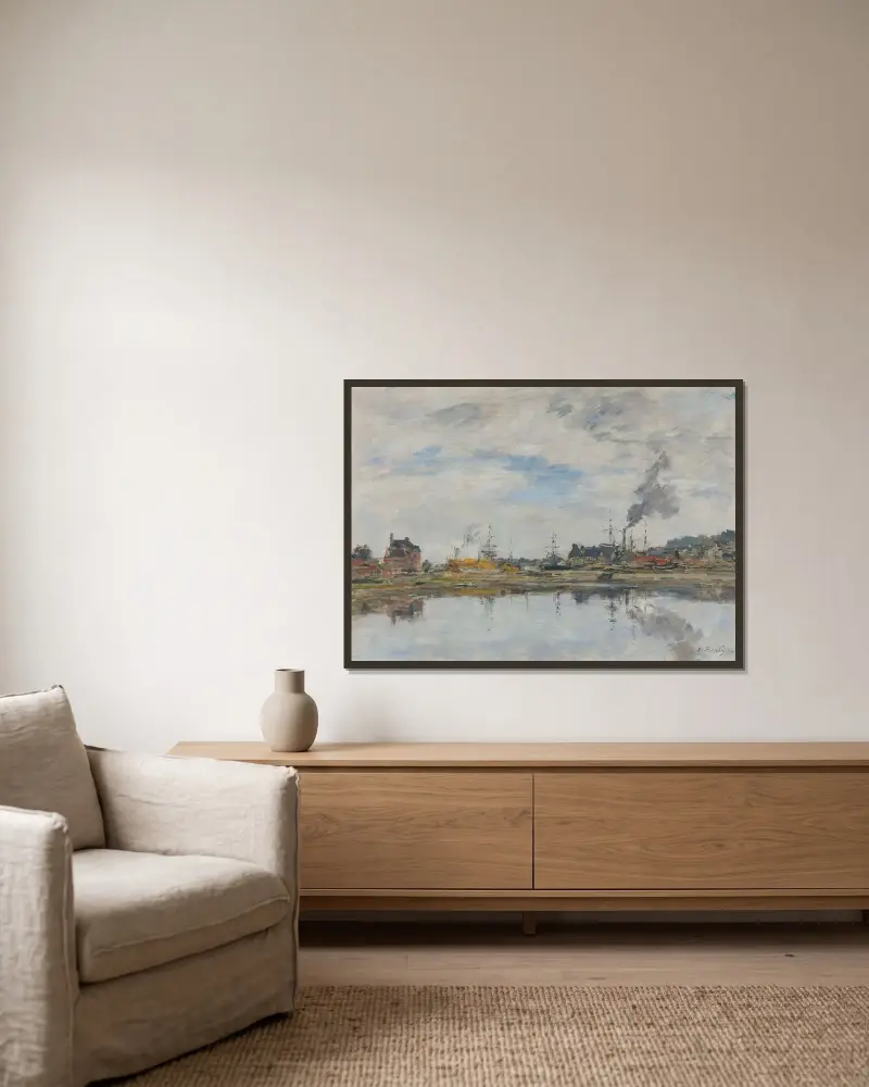 Fördröjningen vid Trouville av Eugène Boudin inramad på en vägg