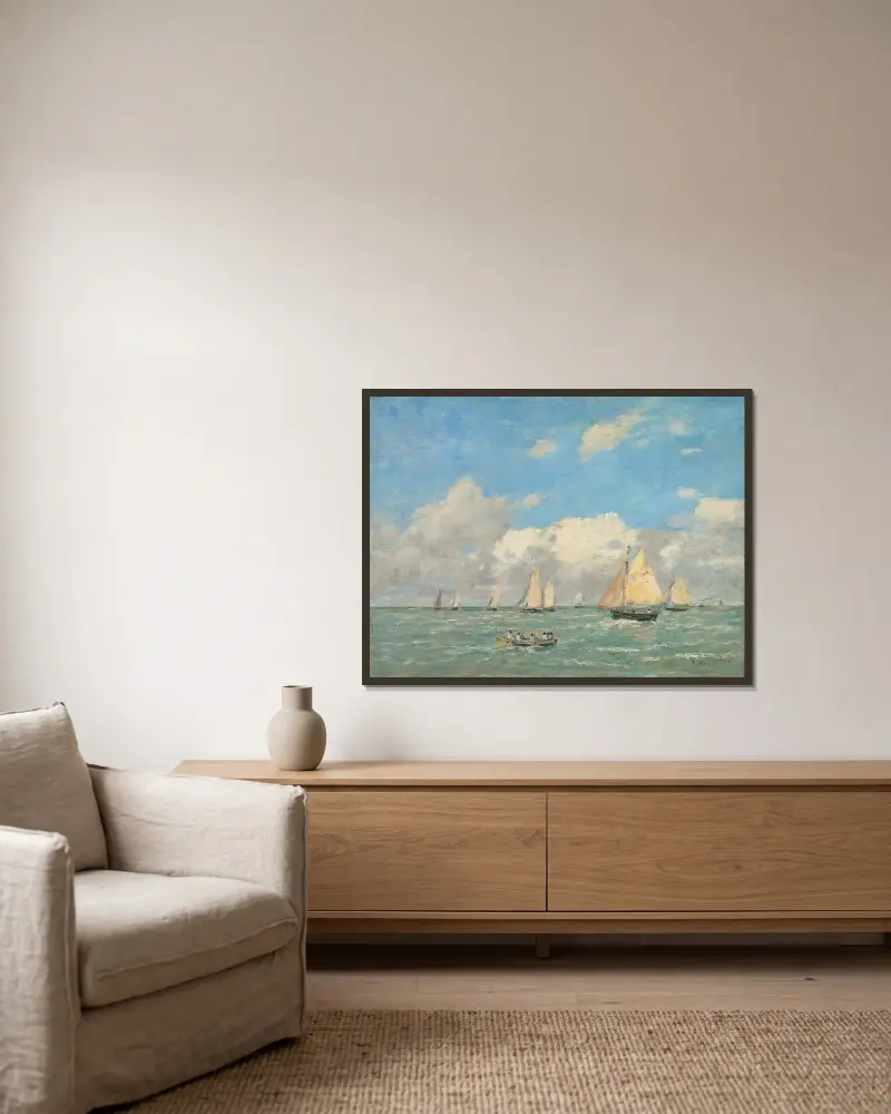 Båtarna lämnar Trouville av Eugène Boudin inramad på en vägg