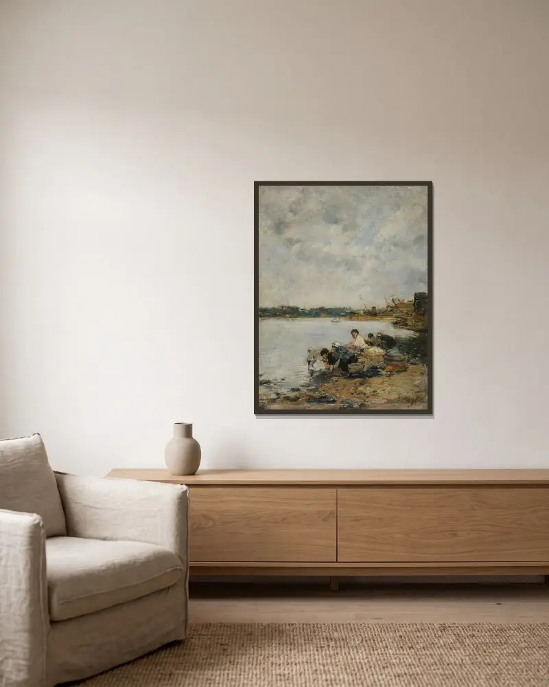 La Touques, morgon av Eugène Boudin inramad på en vägg