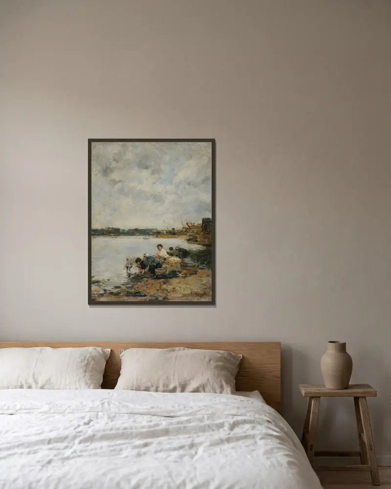 La Touques, morgon av Eugène Boudin inramad på en vägg