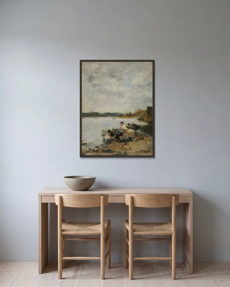 La Touques, morgon av Eugène Boudin inramad på en vägg