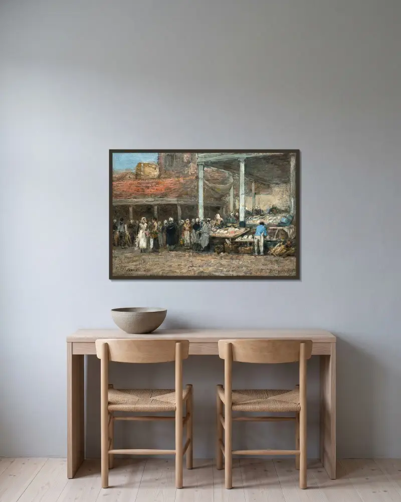 Den gamla fiskmarknaden i Bryssel av Eugène Boudin inramad på en vägg