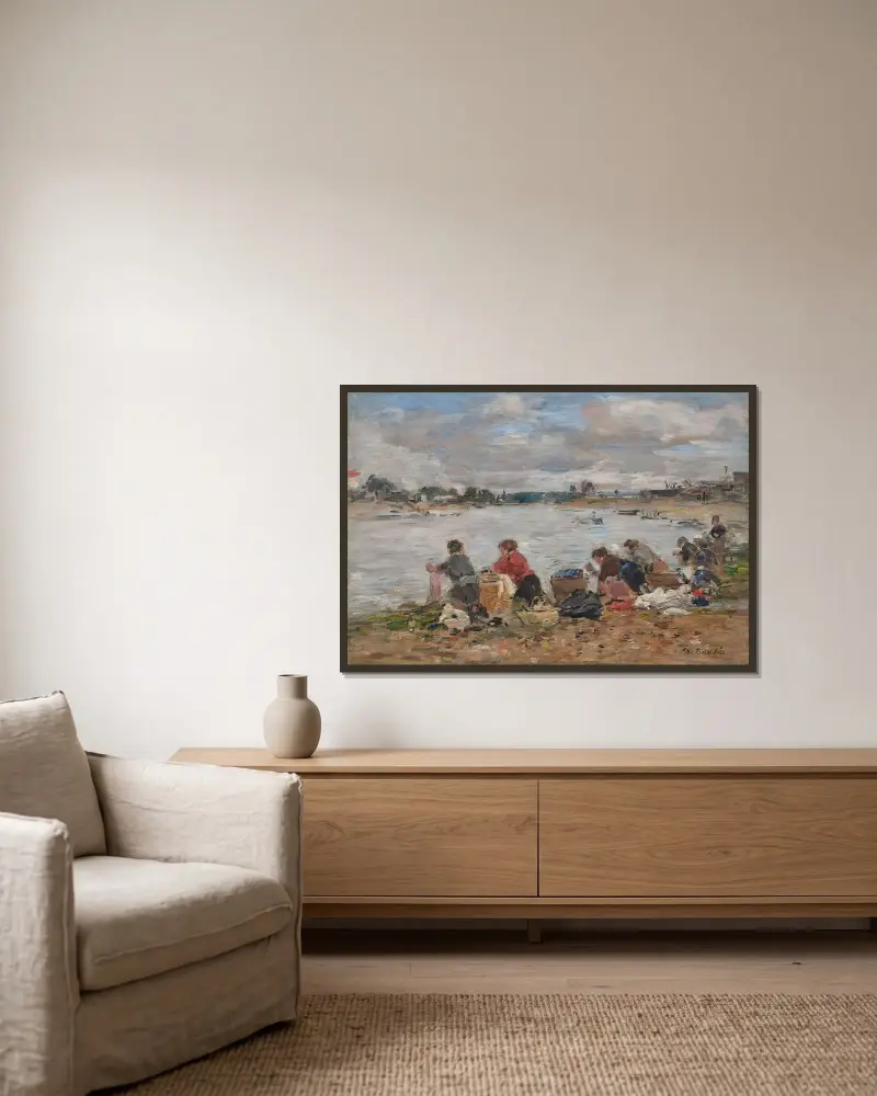 Kvinnor som tvättar vid Touques strand av Eugène Boudin inramad på en vägg