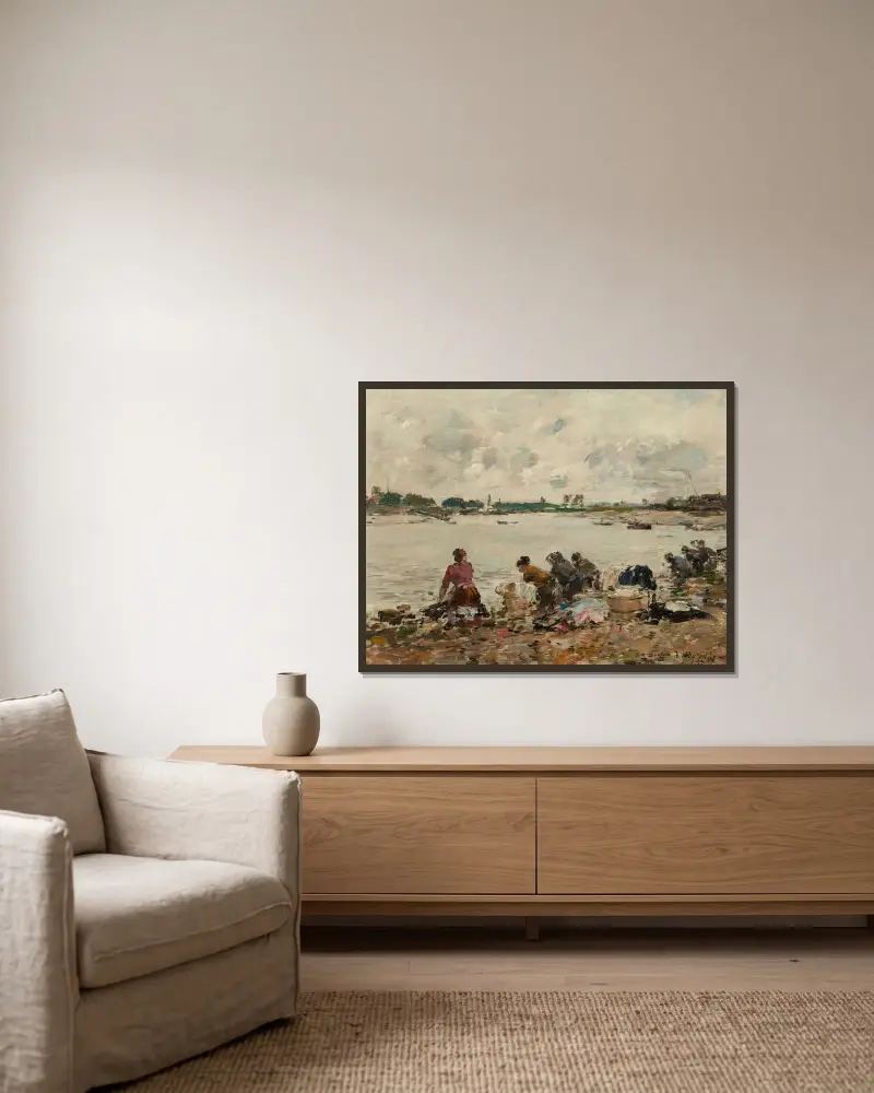 Tvätterskor vid Touques strand av Eugène Boudin inramad på en vägg