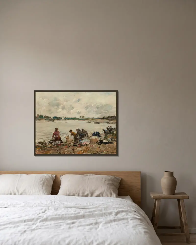 Tvätterskor vid Touques strand av Eugène Boudin inramad på en vägg