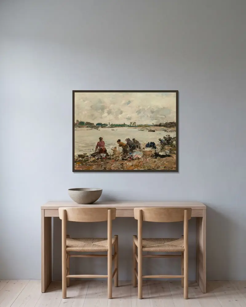 Tvätterskor vid Touques strand av Eugène Boudin inramad på en vägg