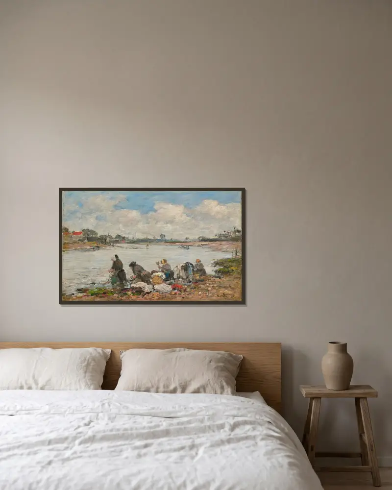 Tvätterskor vid Touques strand av Eugène Boudin inramad på en vägg