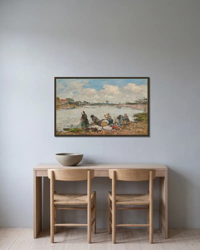 Tvätterskor vid Touques strand av Eugène Boudin inramad på en vägg