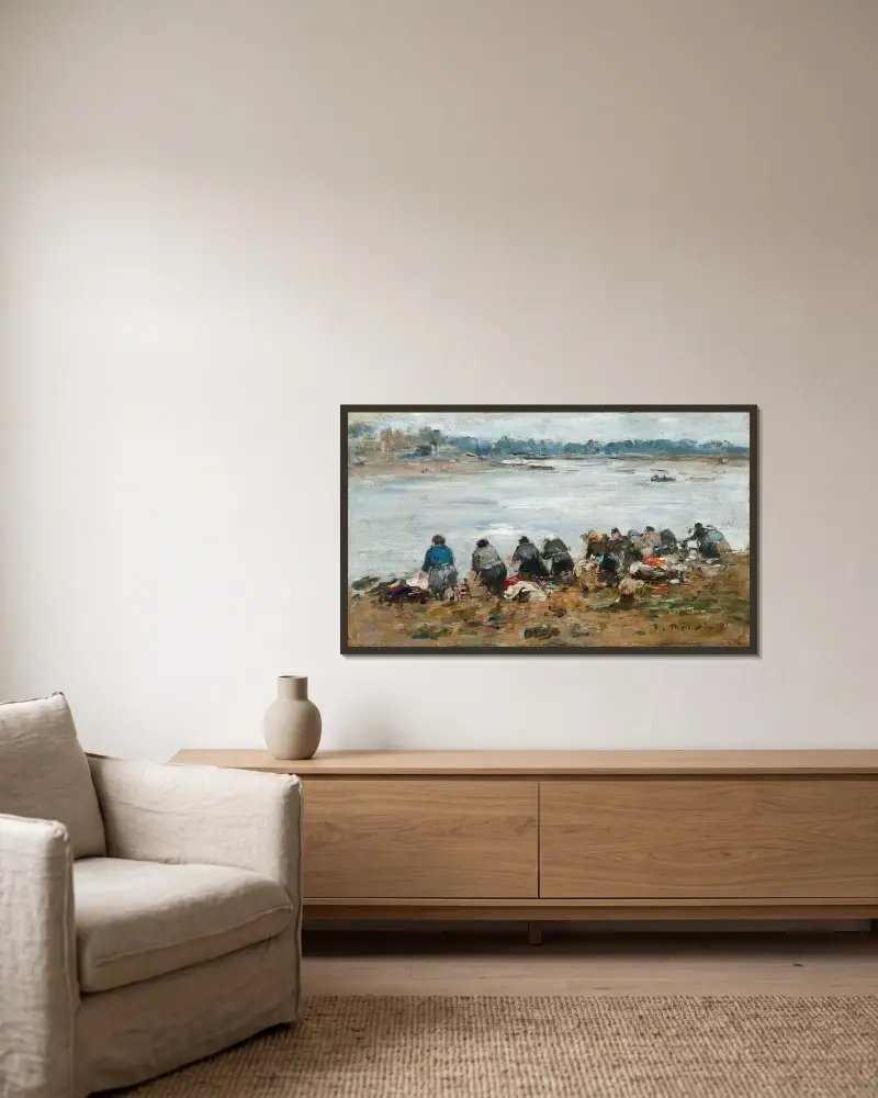 Tvätterskor vid Touques strand av Eugène Boudin inramad på en vägg
