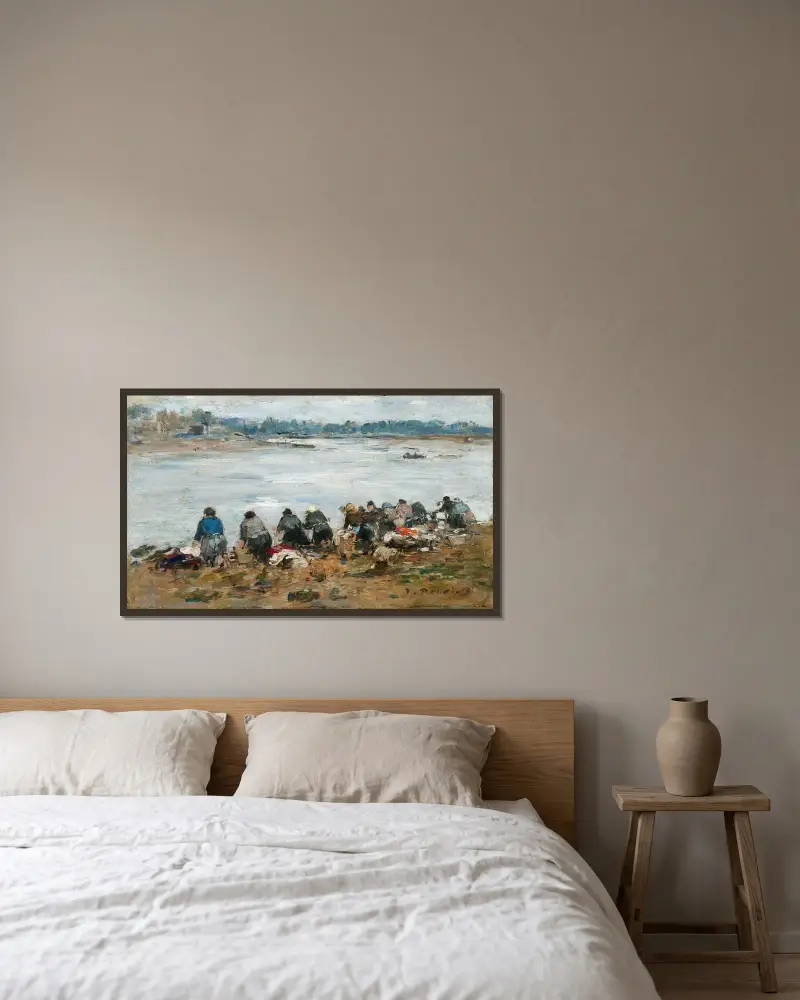 Tvätterskor vid Touques strand av Eugène Boudin inramad på en vägg