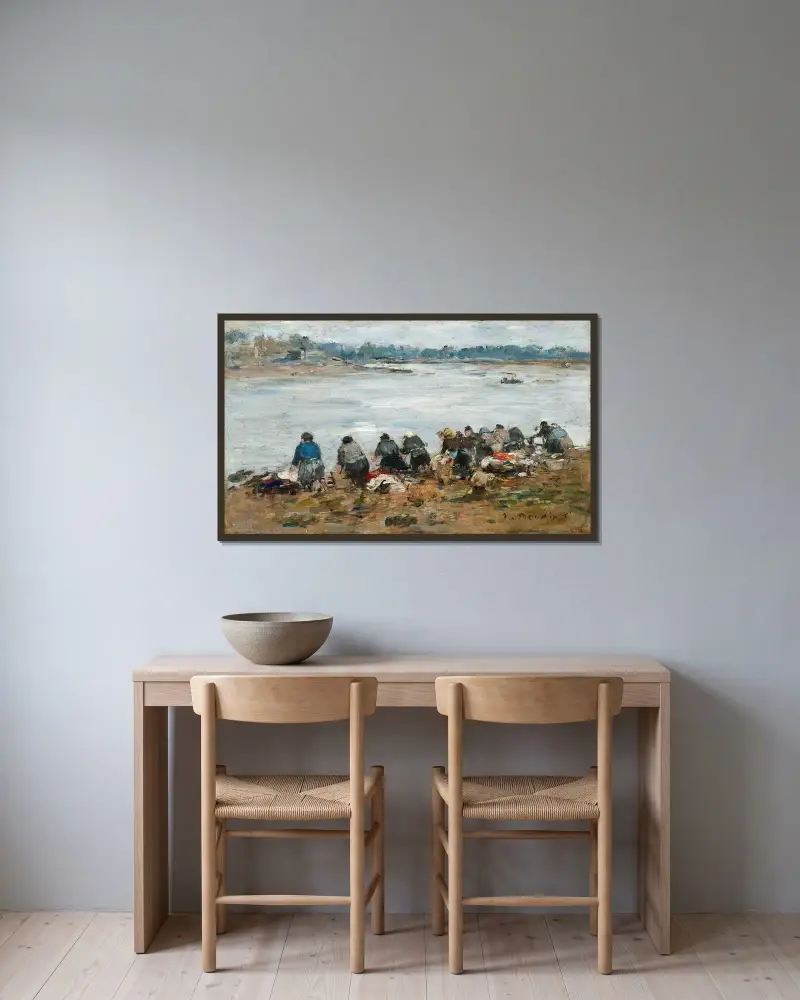 Tvätterskor vid Touques strand av Eugène Boudin inramad på en vägg