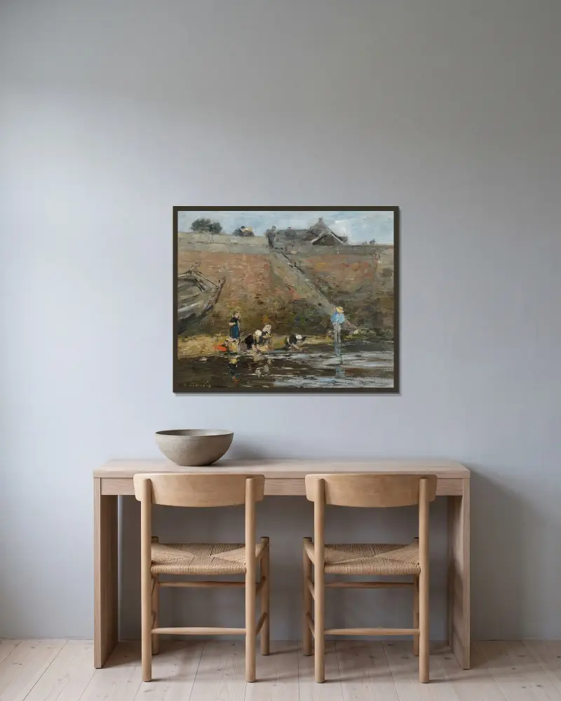 Tvätterskor vid en flod av Eugène Boudin inramad på en vägg