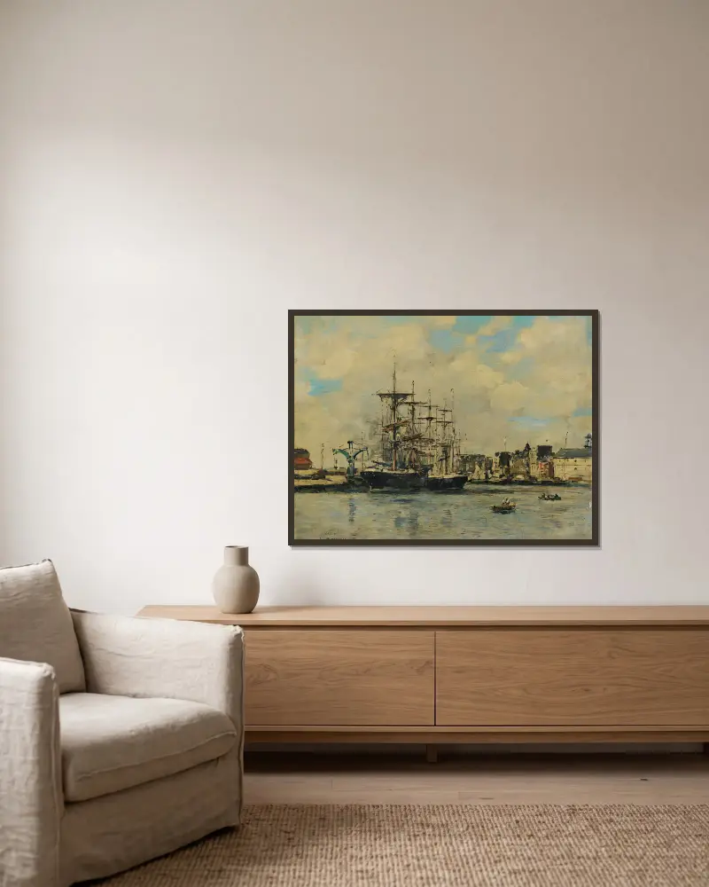 Le Havre. Bassin De La Barre av Eugène Boudin inramad på en vägg
