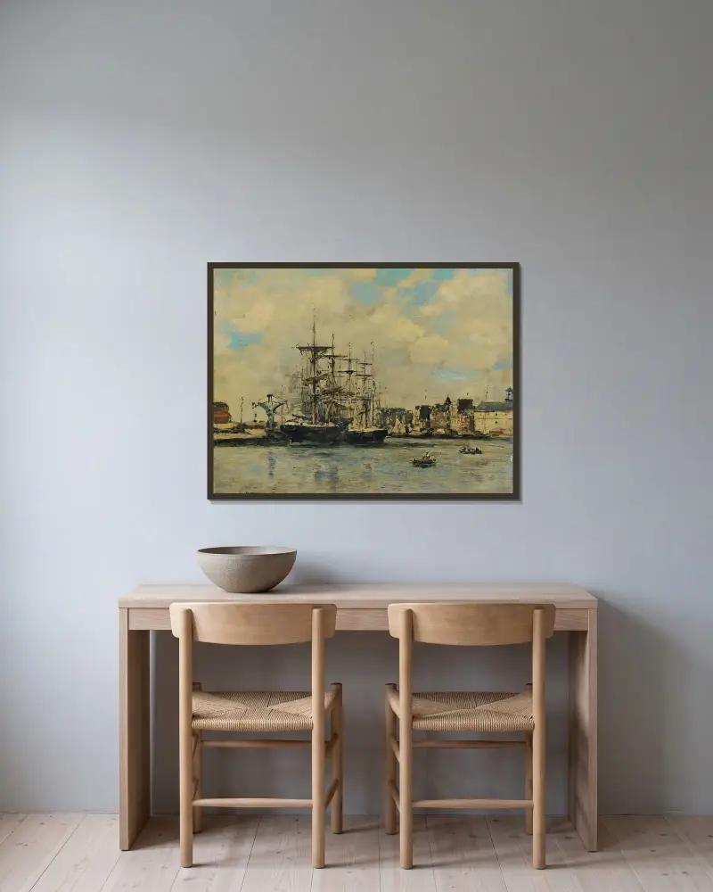 Le Havre. Bassin De La Barre av Eugène Boudin inramad på en vägg
