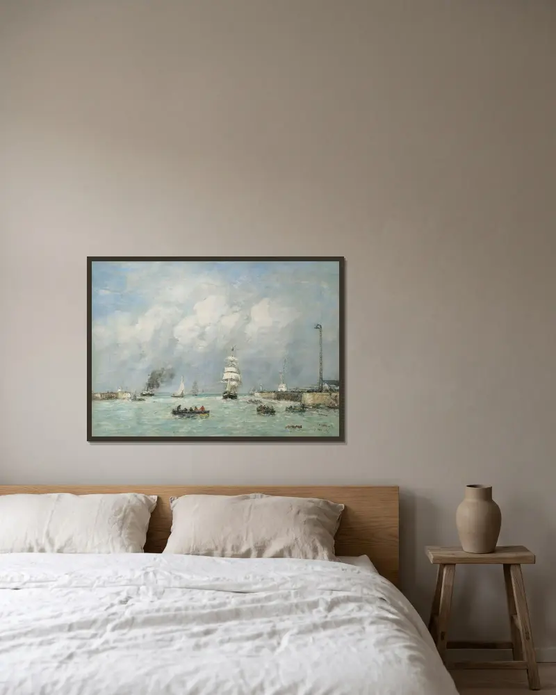 Le Havre, hamninloppet av Eugène Boudin inramad på en vägg
