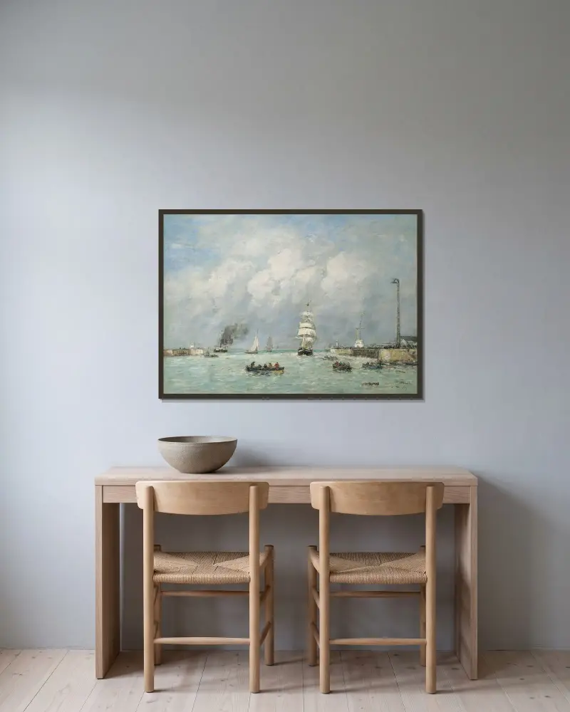 Le Havre, hamninloppet av Eugène Boudin inramad på en vägg