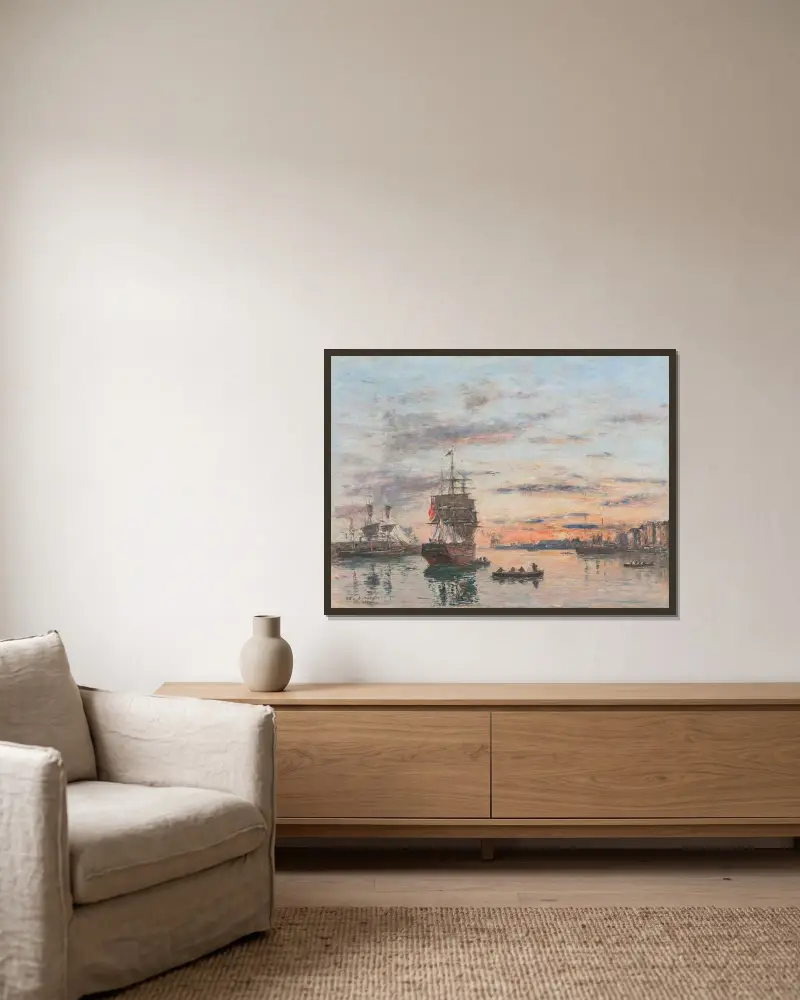 Le Havre. Förhamnen av Eugène Boudin inramad på en vägg