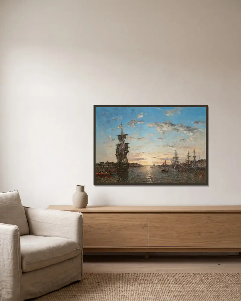 Le Havre. Förhamnen i solnedgång av Eugène Boudin inramad på en vägg