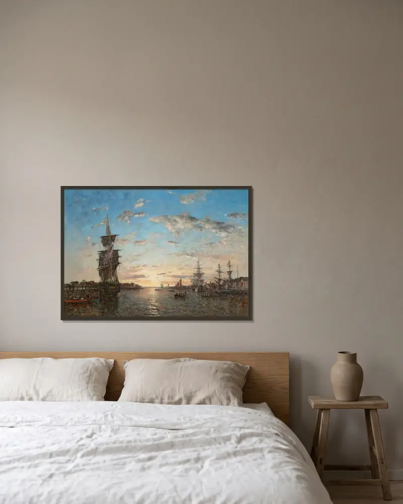 Le Havre. Förhamnen i solnedgång av Eugène Boudin inramad på en vägg