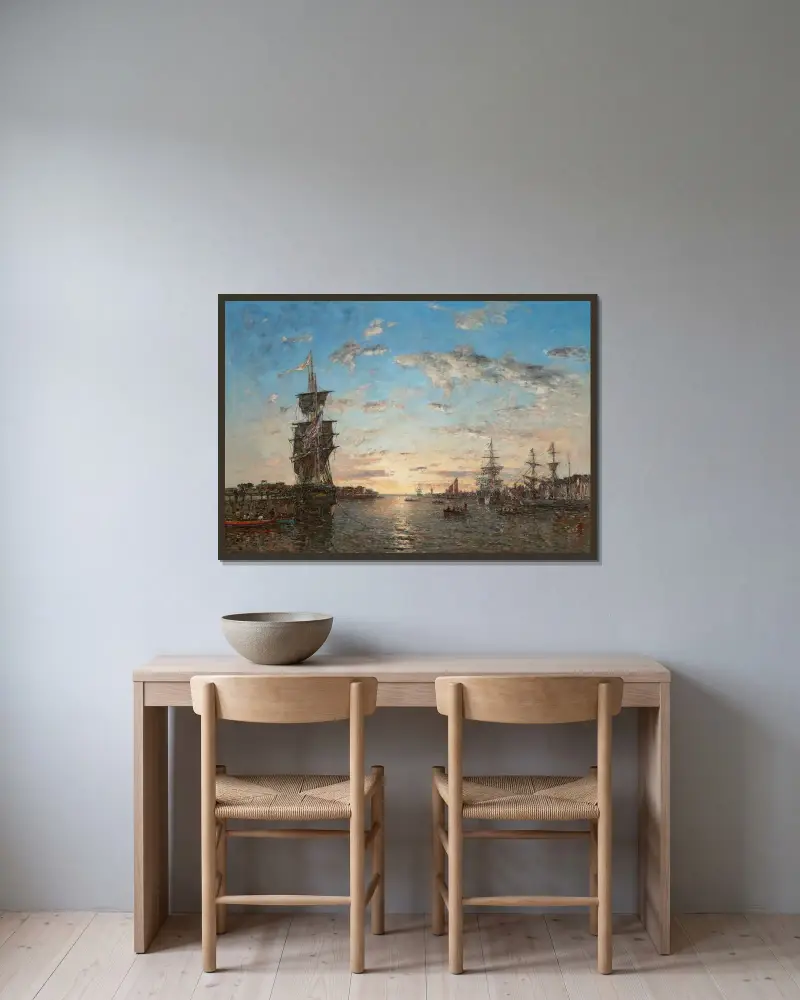 Le Havre. Förhamnen i solnedgång av Eugène Boudin inramad på en vägg