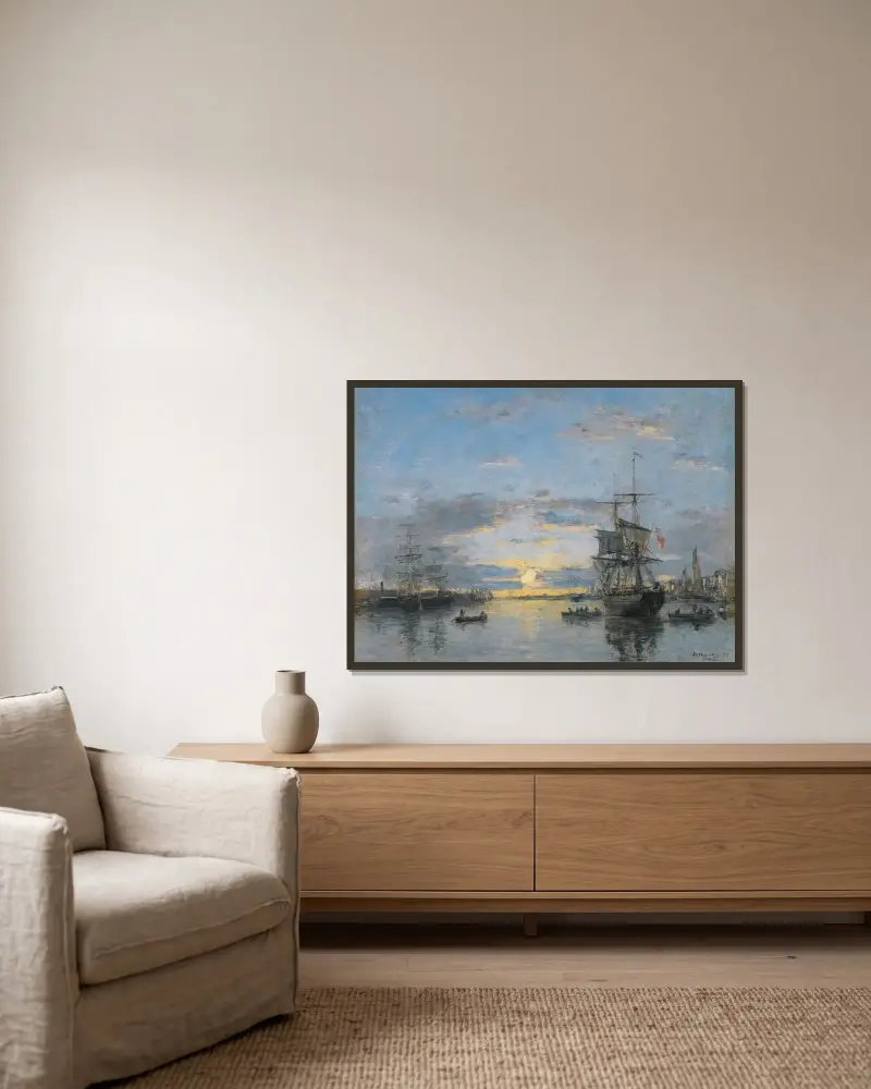 Le Havre. Yttre hamnen vid solnedgång av Eugène Boudin inramad på en vägg