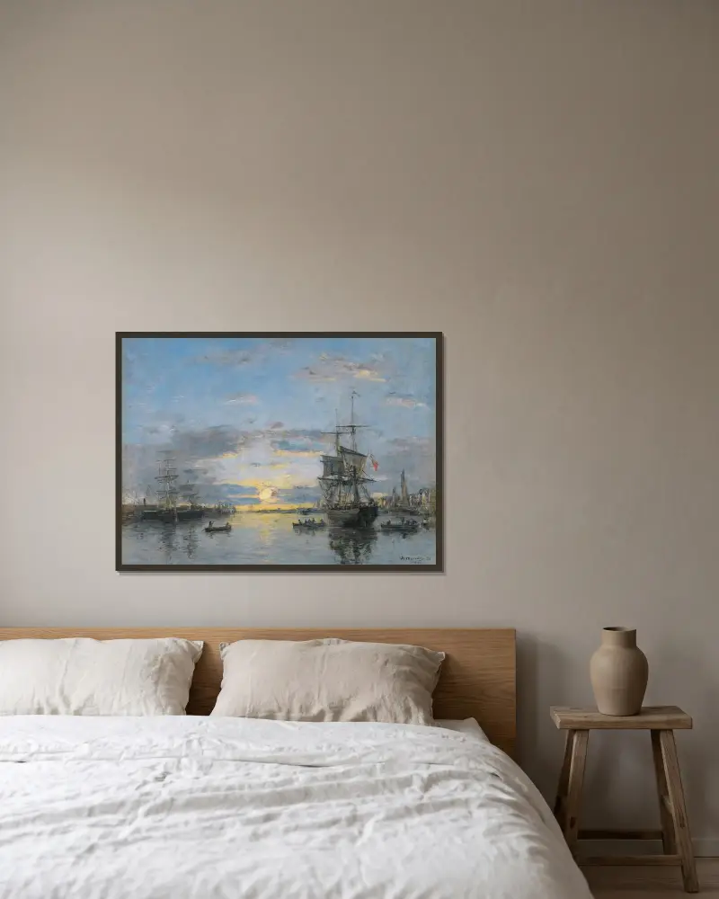 Le Havre. Yttre hamnen vid solnedgång av Eugène Boudin inramad på en vägg