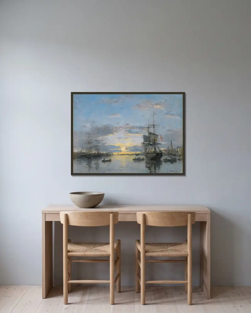 Le Havre. Yttre hamnen vid solnedgång av Eugène Boudin inramad på en vägg