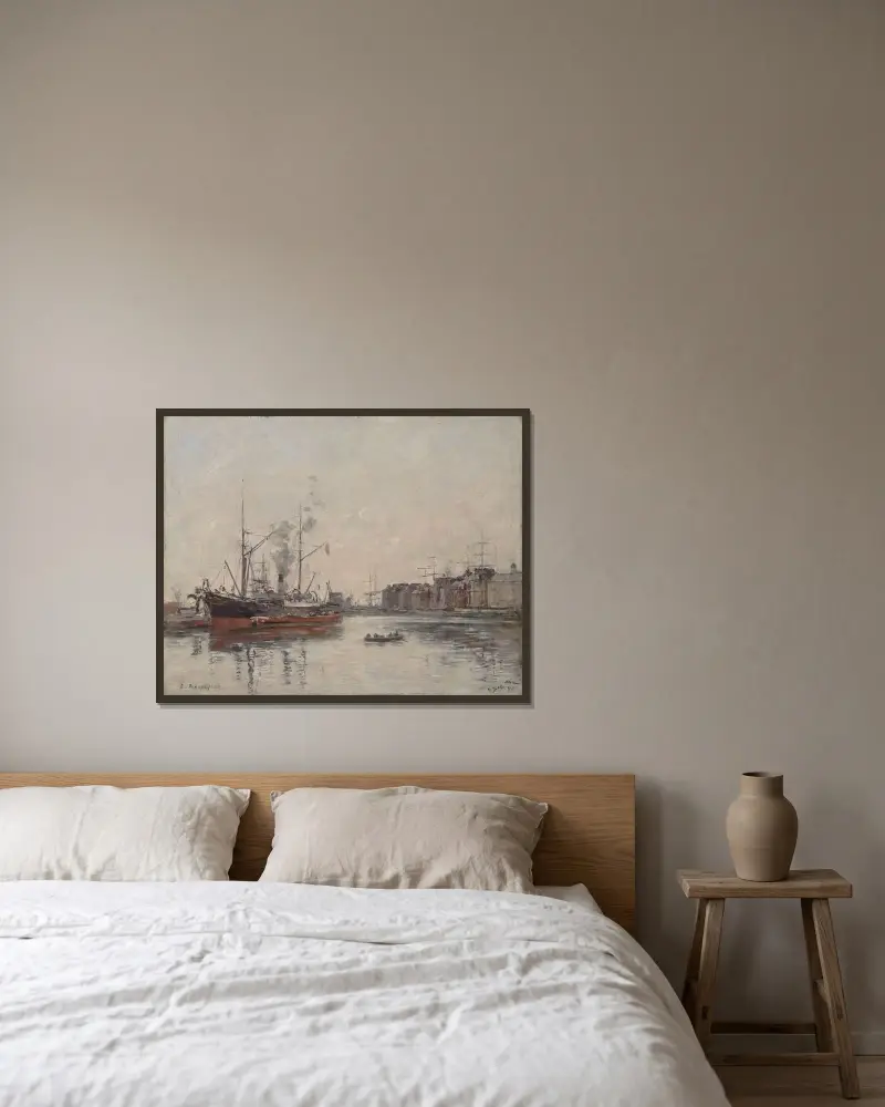 Le Havre, Le Bassin de la Barre av Eugène Boudin inramad på en vägg