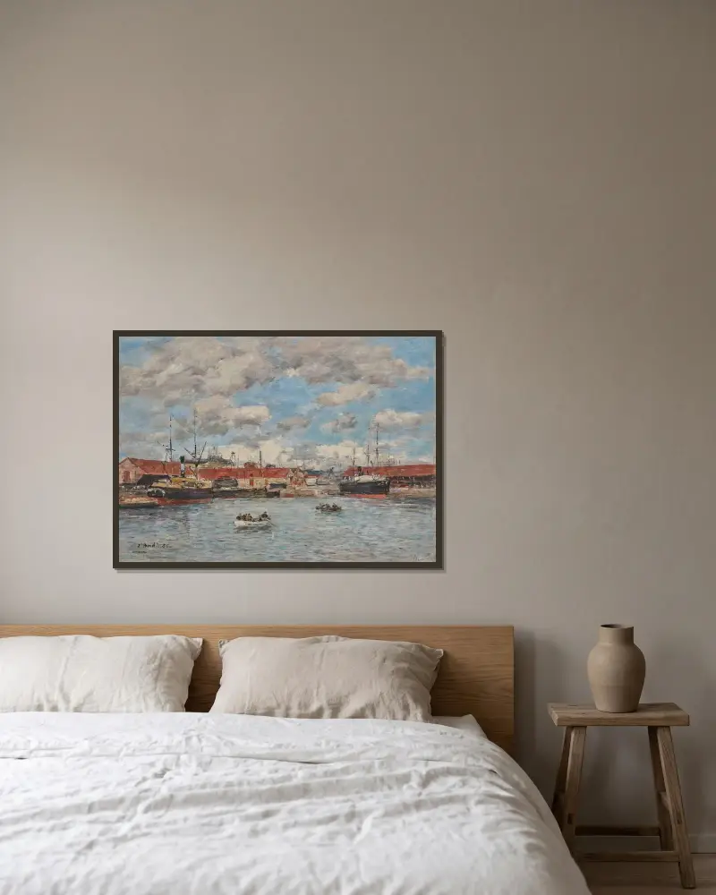 Le Havre, dockbassängen av Eugène Boudin inramad på en vägg